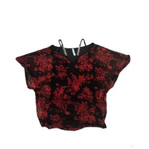 Cuban Link Chain Strap Floral Red and Black Mesh Overlay Women's Top Whimsigoth